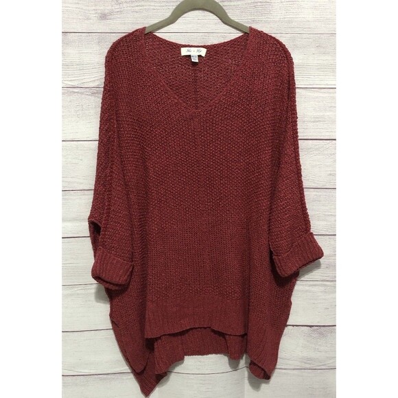 She + Sky Hi-Low Burgundy Oversized Knit Sweater  One Size EUC - Picture 1 of 6